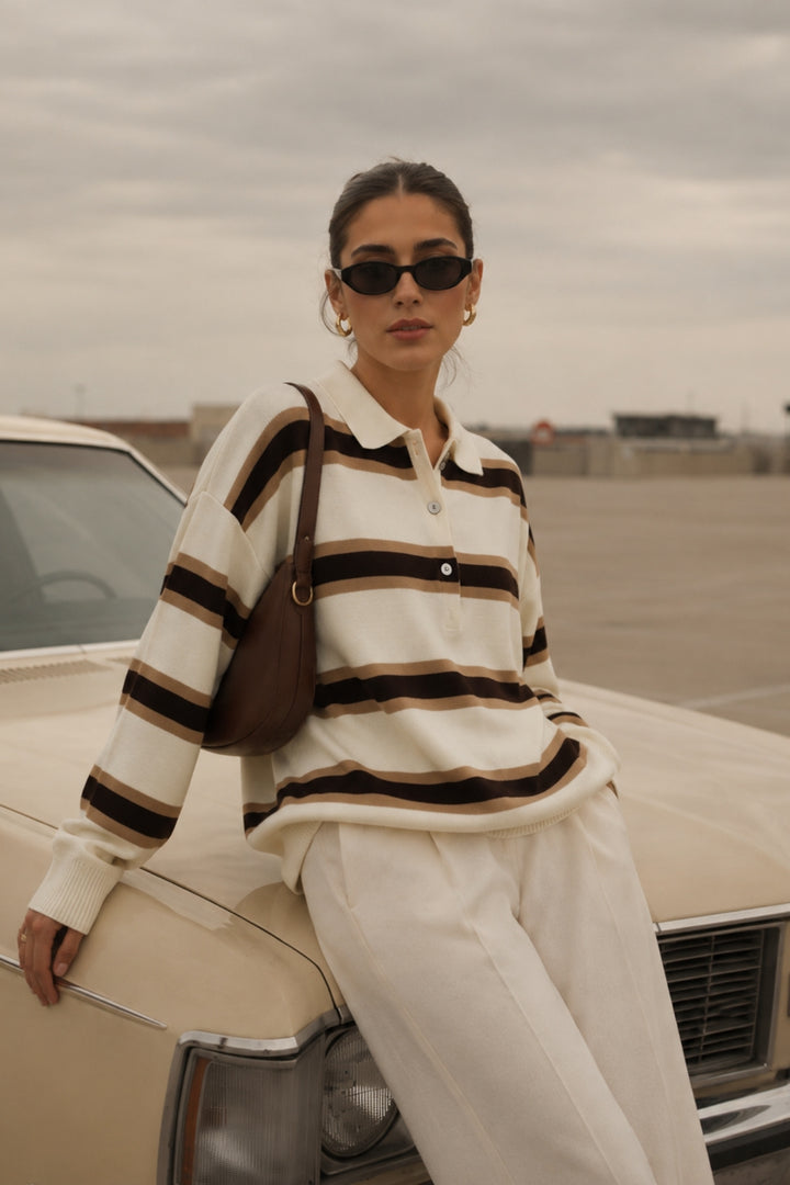 Polo Neck Button Detail Beige Striped Knit Sweater