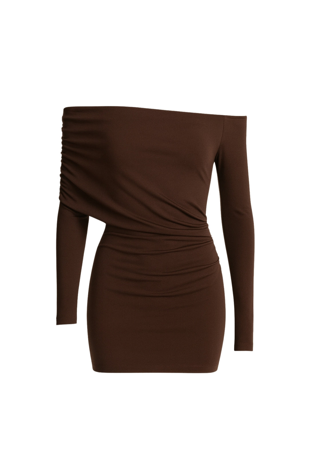 Büzgü Detay Kahverengi Straplez Mini Elbise