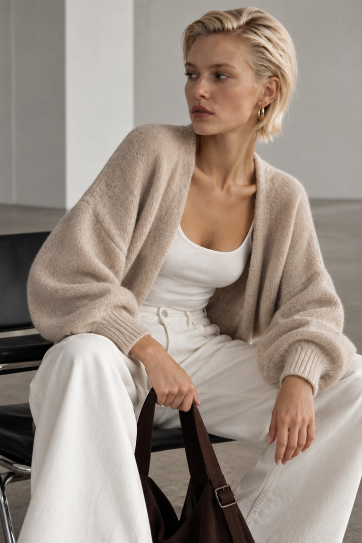 Wool Blend Balloon Sleeve Beige Knit Sweater