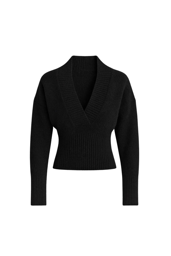 V Yaka Bel Oturtmalı Siyah Triko Kazak