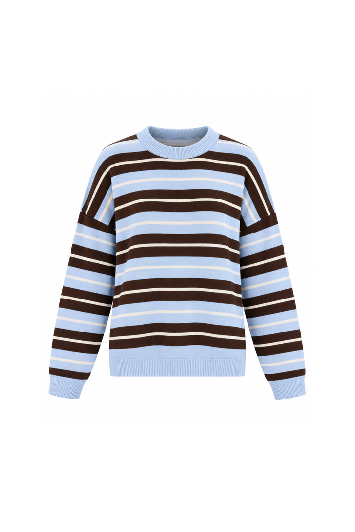 Round Neck Striped Knit Blue Blouse