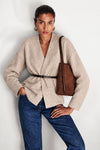 Belt Detail Wrap Collar Beige Knit Cardigan