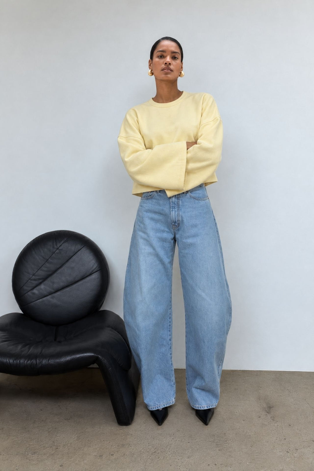 Geniş Kol Bisiklet Yaka Sarı Basic Sweatshirt