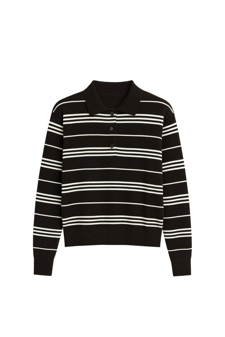 Çizgili Polo Yaka Kahverengi Bluz