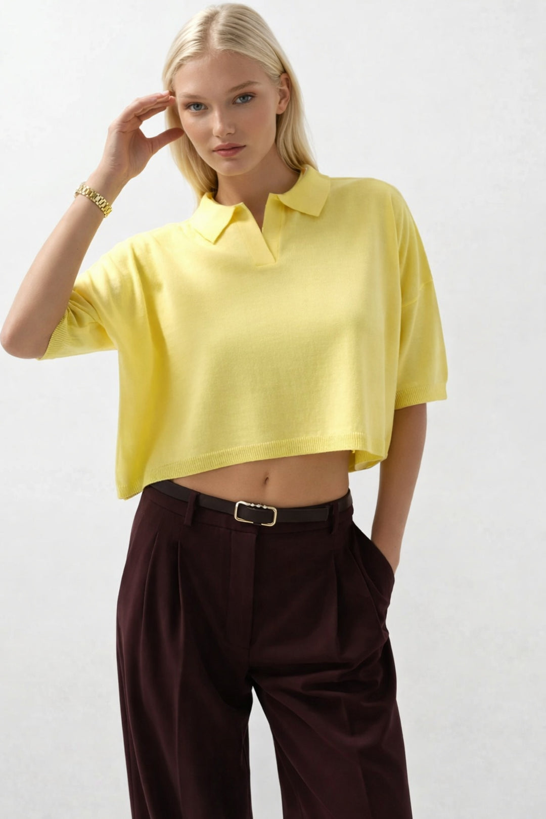 Polo Neck Crop Textured Yellow Blouse 