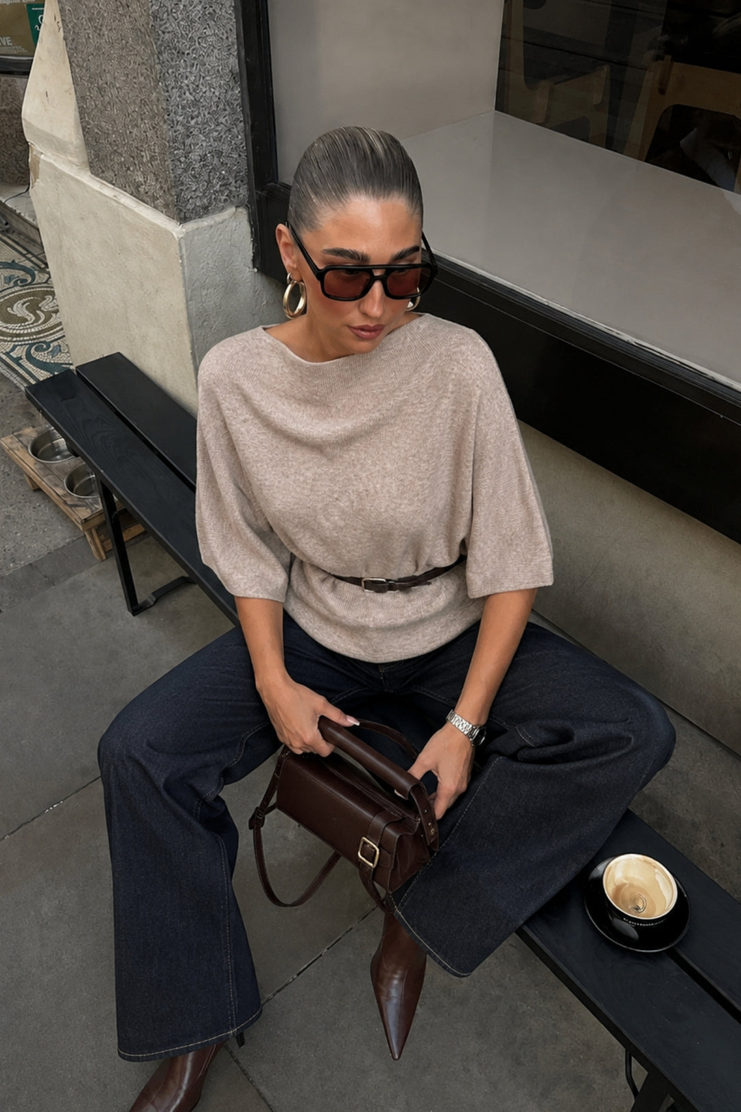 Belt Detail Short Sleeve Boat Neck Beige Knit Blouse