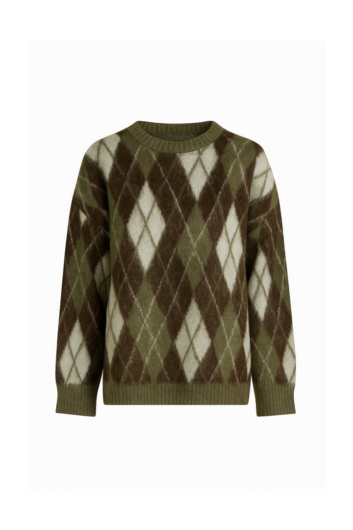 Baklava Desen Dokulu Bisiklet Yaka Haki Triko Kazak