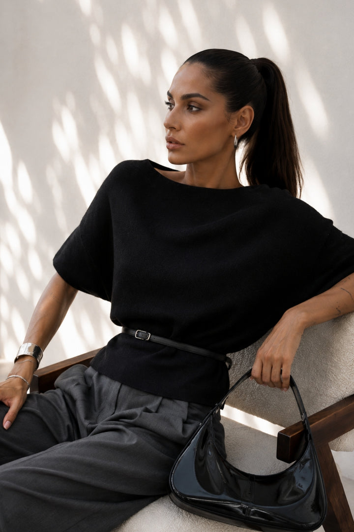 Black Knit Blouse with Belt Detail, Short Sleeves, and Boat Neck