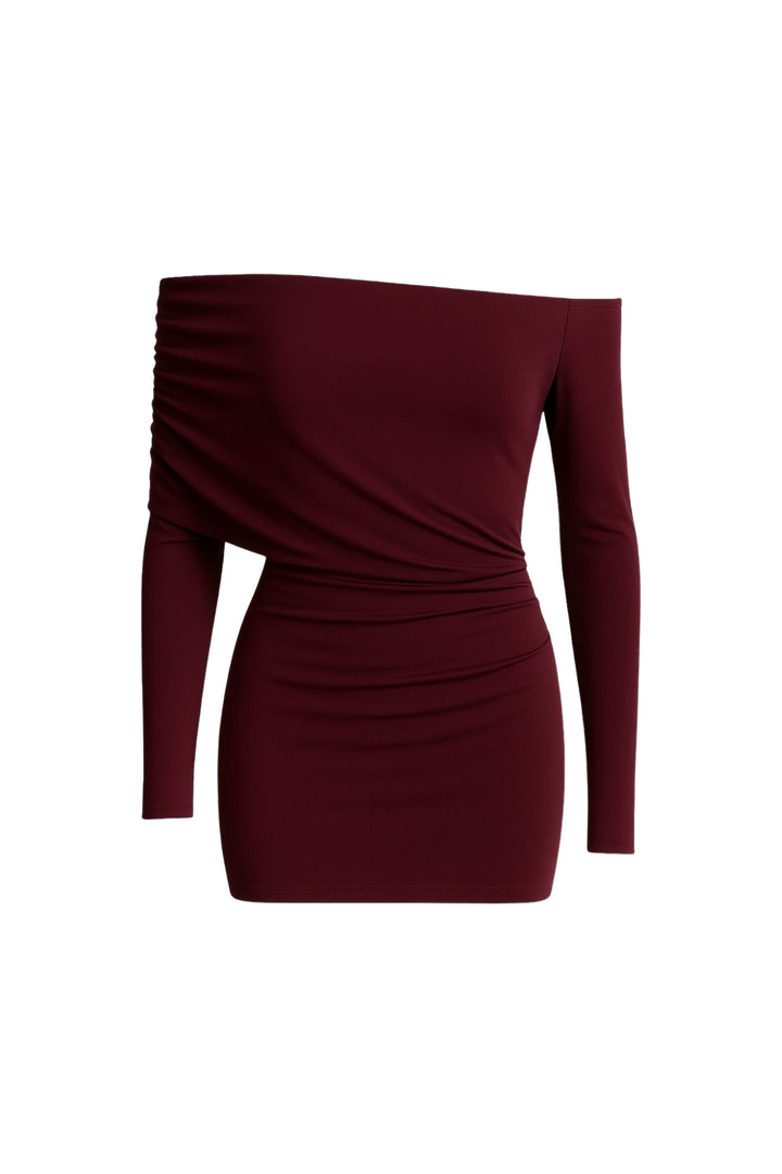 Büzgü Detay Bordo Straplez Mini Elbise