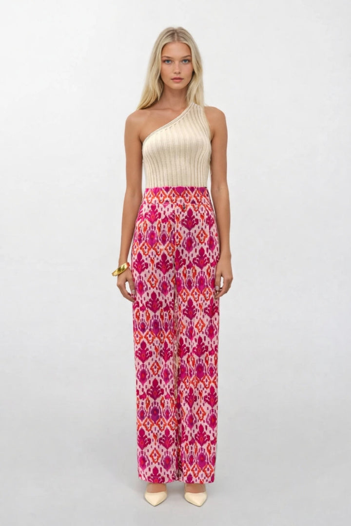 Desenli Saten Pembe Pantolon