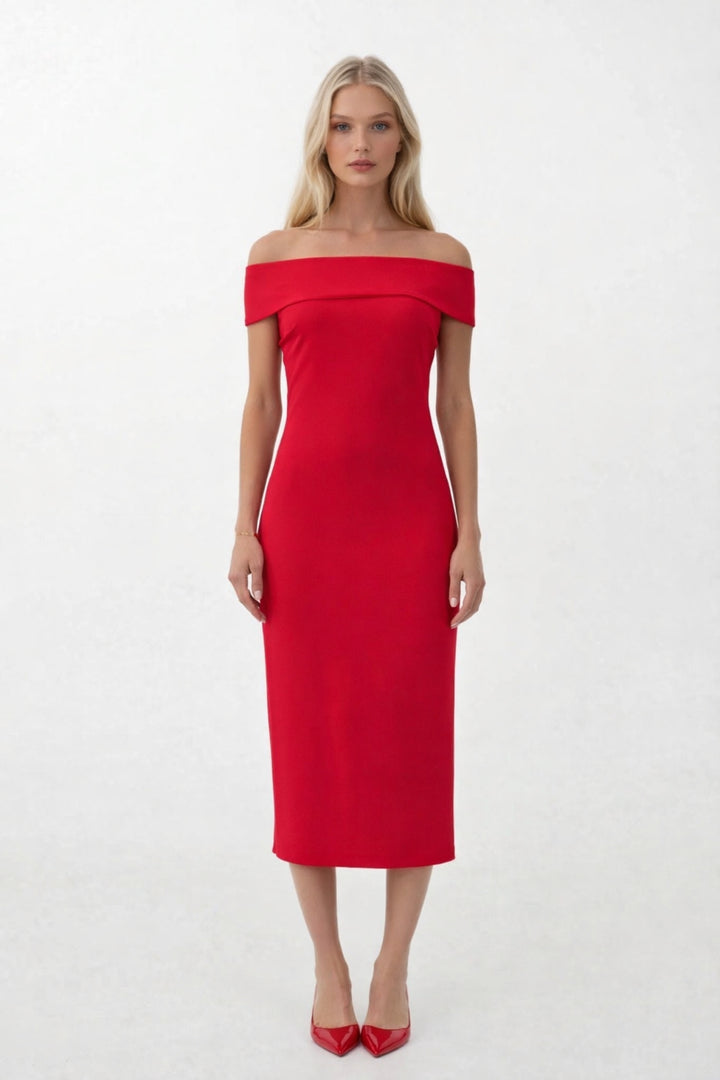 Omuz Katlama Detay Maxi Kırmızı Elbise