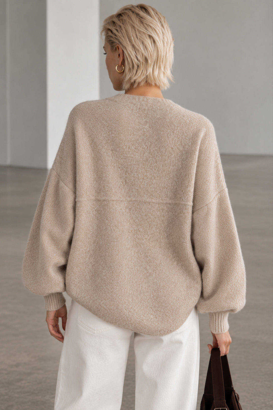 Wool Blend Balloon Sleeve Beige Knit Sweater
