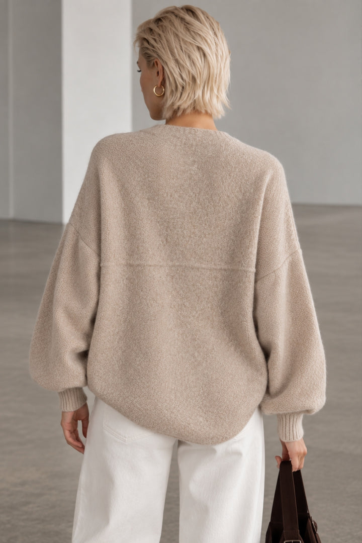 Wool Blend Balloon Sleeve Beige Knit Sweater
