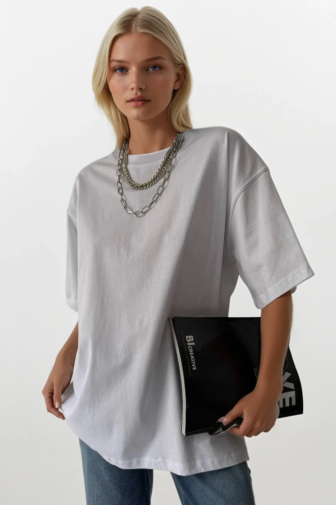Sırt Baskılı Oversize Beyaz T-Shirt