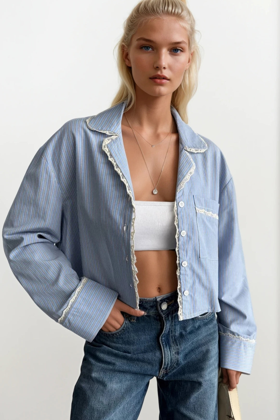 Çizgili Cep Detay Crop Mavi Gömlek