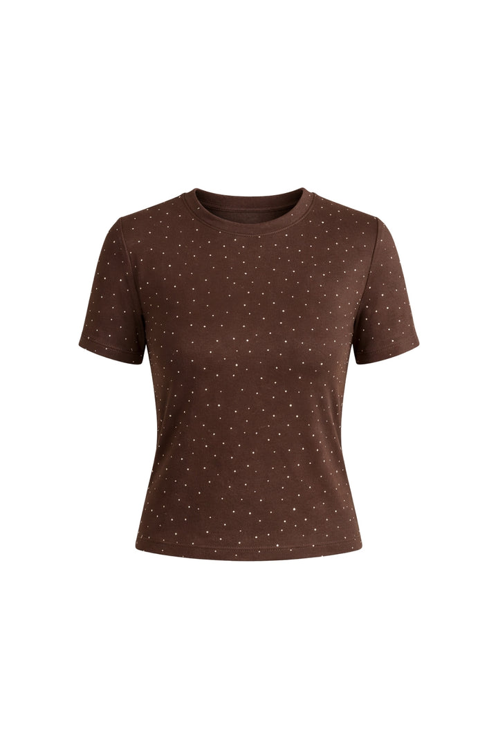 Taş Detay Likralı Kahverengi Crop T-Shirt