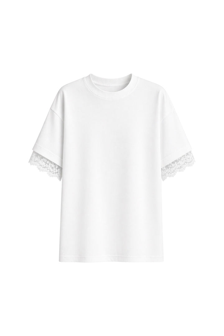 Kol Ve Sırt Dantel Detay Beyaz T-Shirt