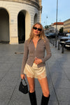 Polo Neck Double Zip Beige Knit Blouse