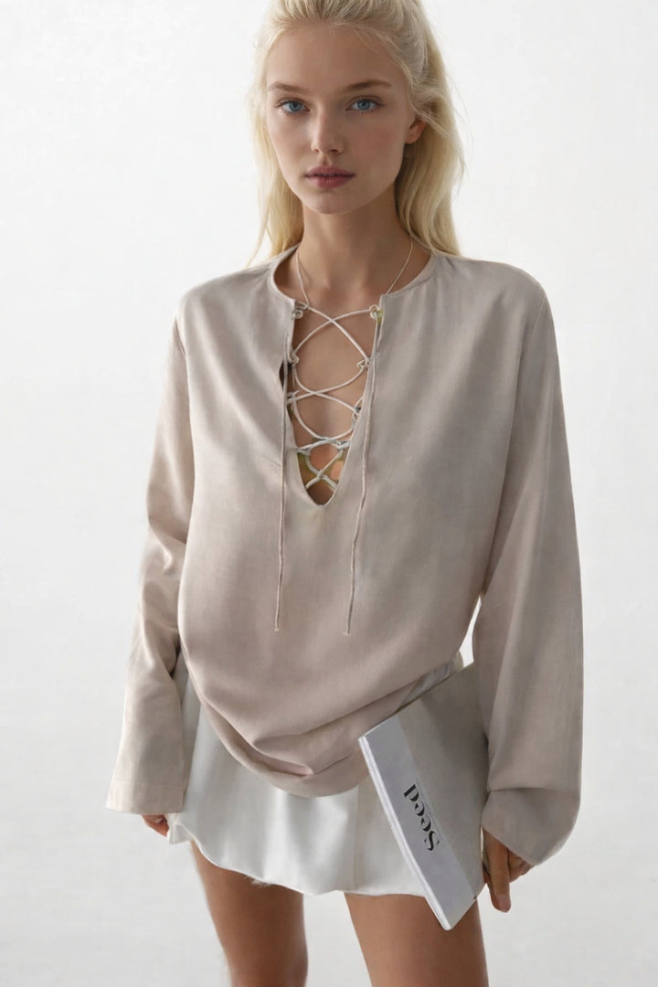 Laced Beige Linen Blouse 