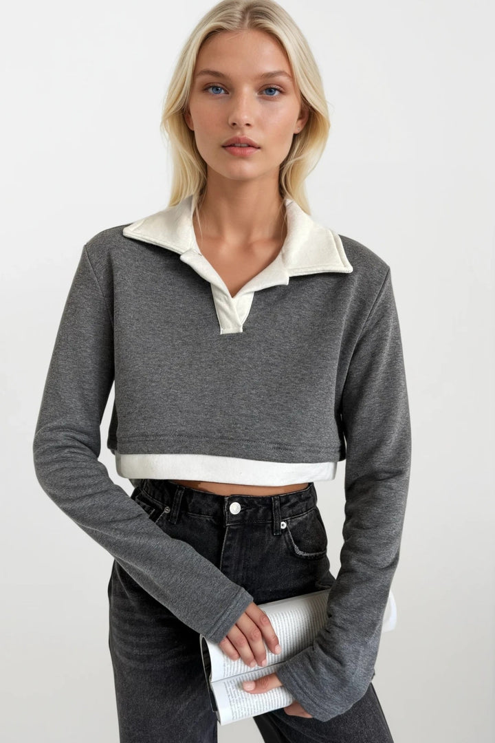 Polo Neck Garnished Crop Gray Sweatshirt 