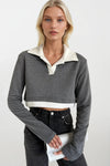 Polo Yaka Garnili Crop Gri Sweatshirt