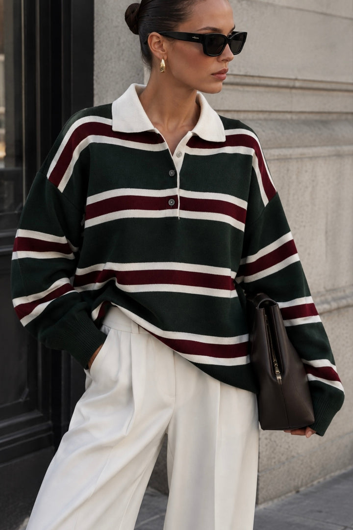 Striped Button-Down Polo Neck Green Knit Blouse