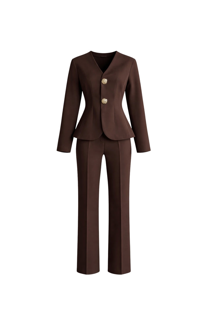 Düğmeli Bel Oturtmalı Kahverengi Ceket Takım