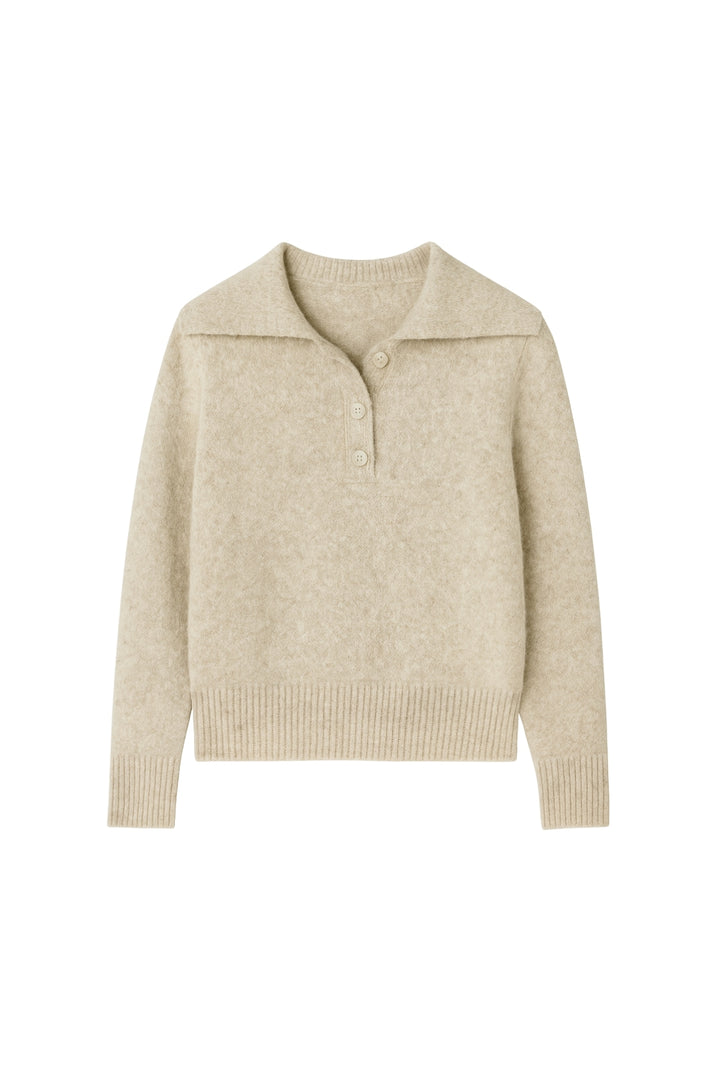 Polo Yaka Bej Düğmeli Triko Kazak