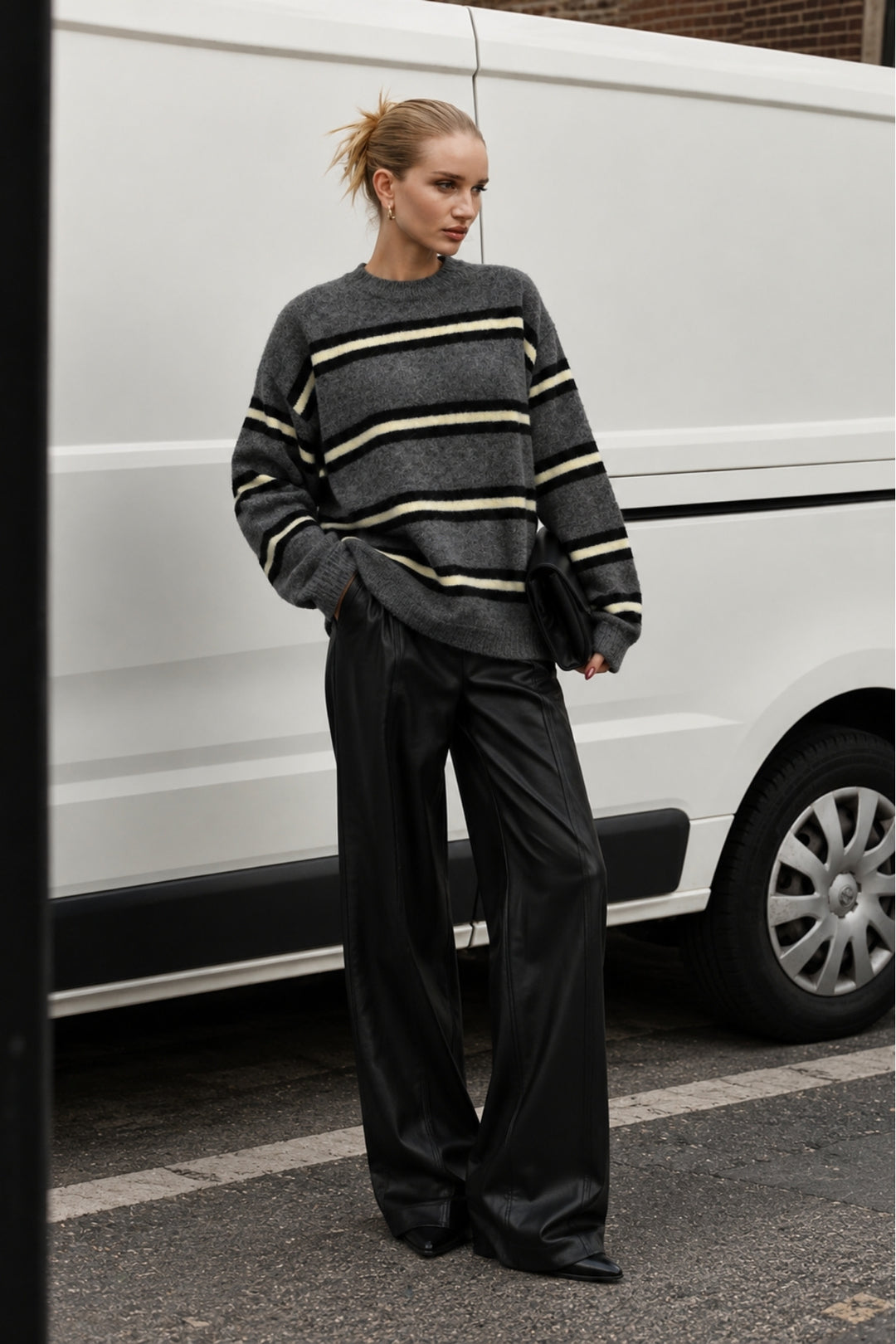 Striped Crew Neck Oversize Knit Anthracite Sweater