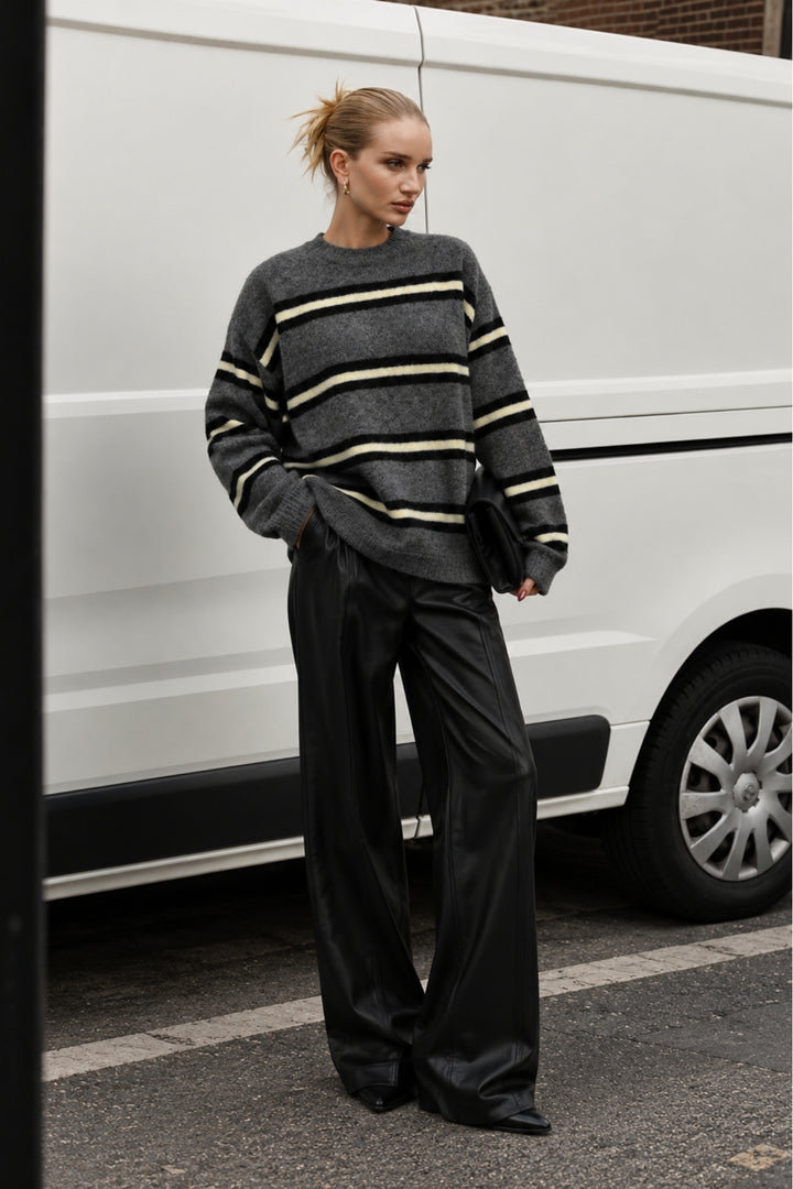 Striped Crew Neck Oversize Knit Anthracite Sweater