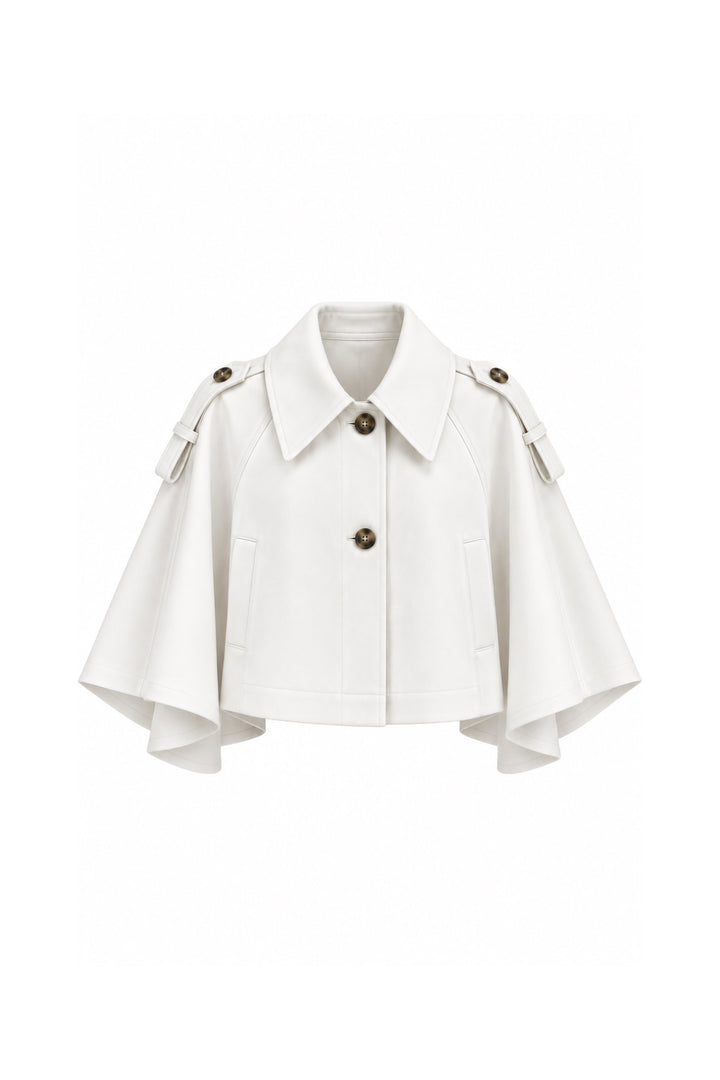 Düğme Detay Crop Pelerin Beyaz Trenchcoat