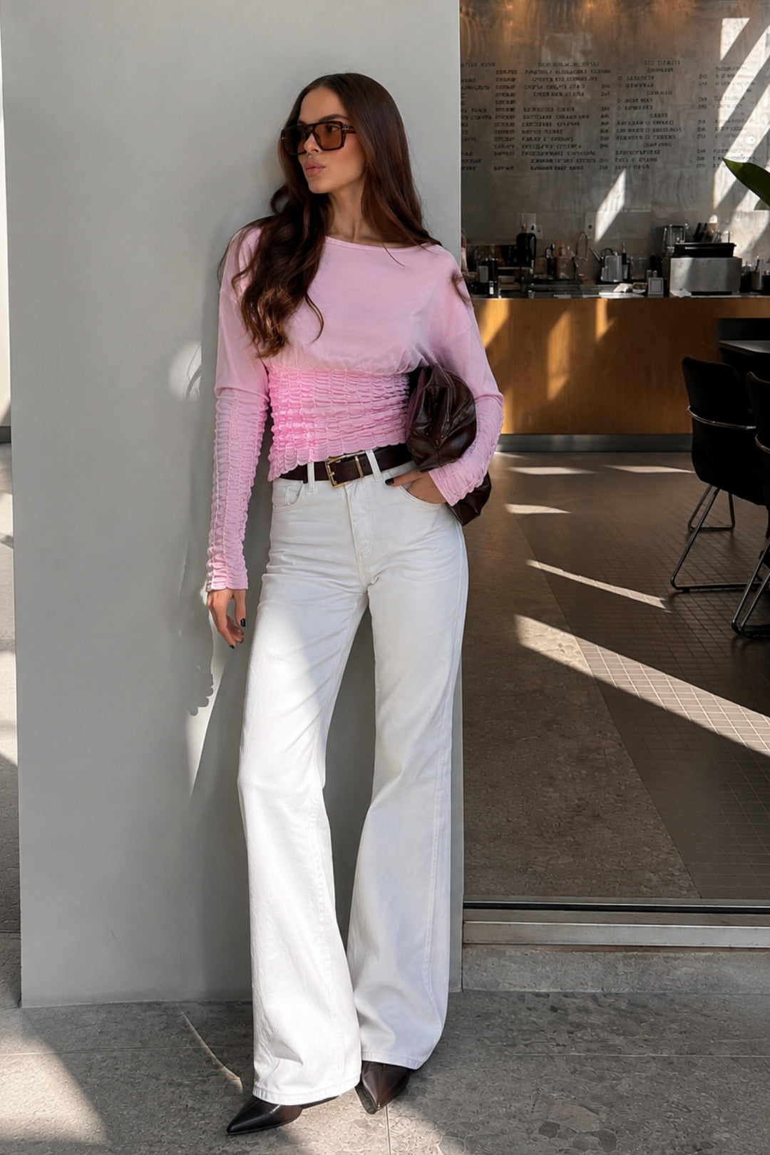 Gipe Detay Bel Oturtmalı Kayık Yaka Pembe Bluz