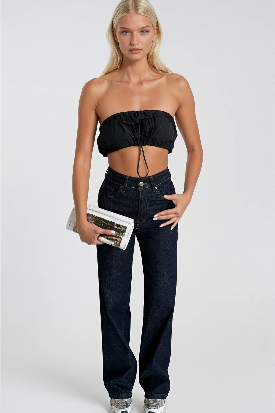 Lastik Detay Siyah Straplez Crop