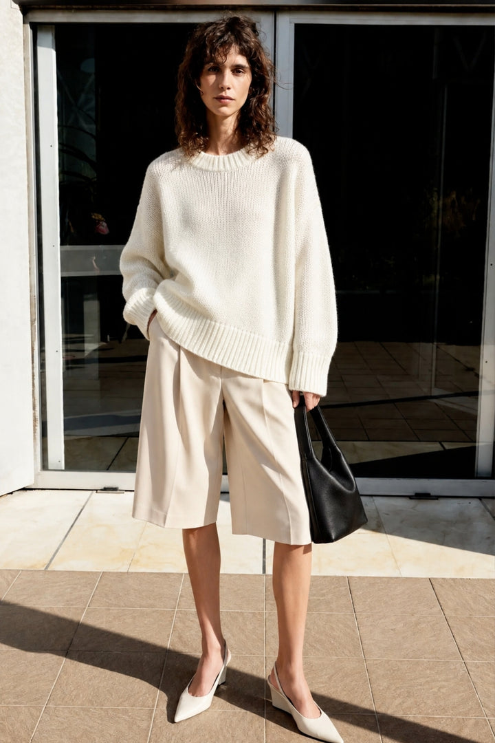 Crew Neck Basic Knit White Sweater