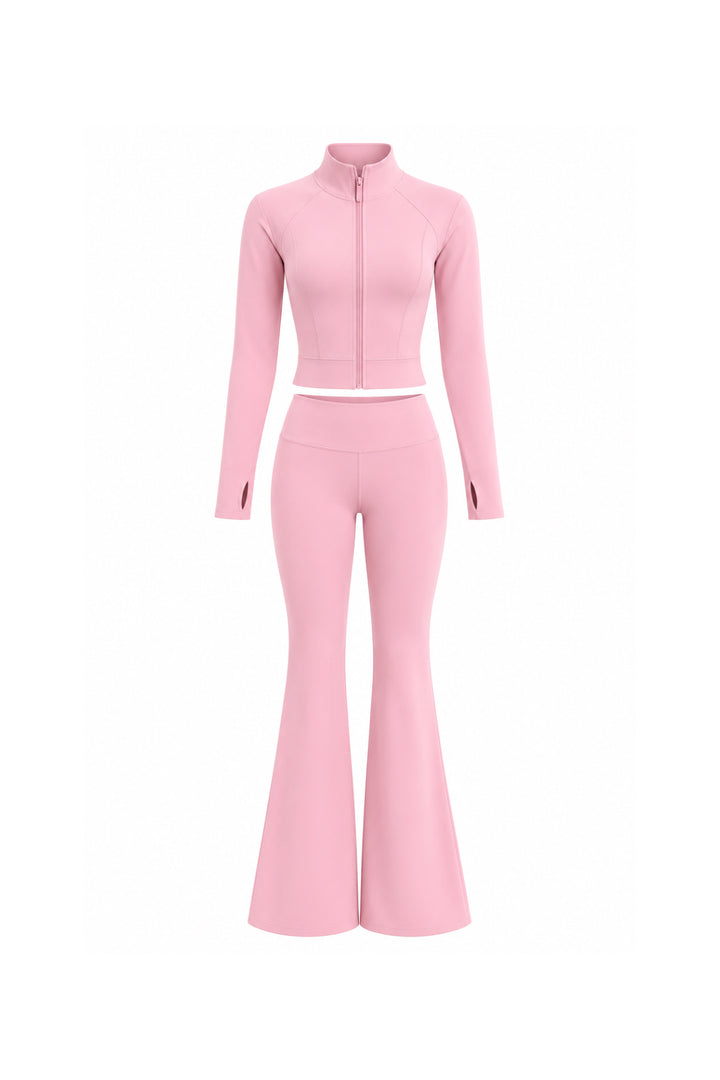 Fermuar Detay Bel Oturtmalı Bluz Pantolon Pembe İkili Takım
