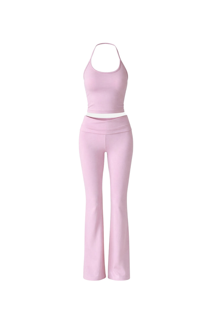 İp Askılı Bluz Wide Leg Pantolon Pembe İkili Takım