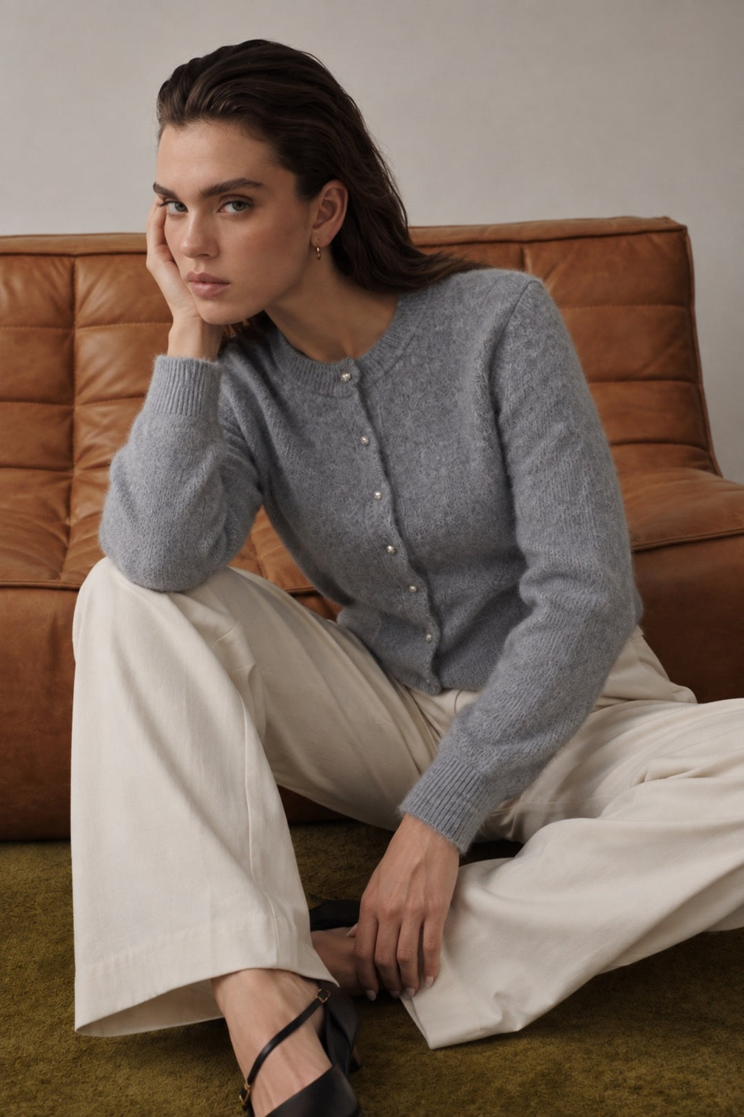Button Detail Grey Textured Knit Cardigan