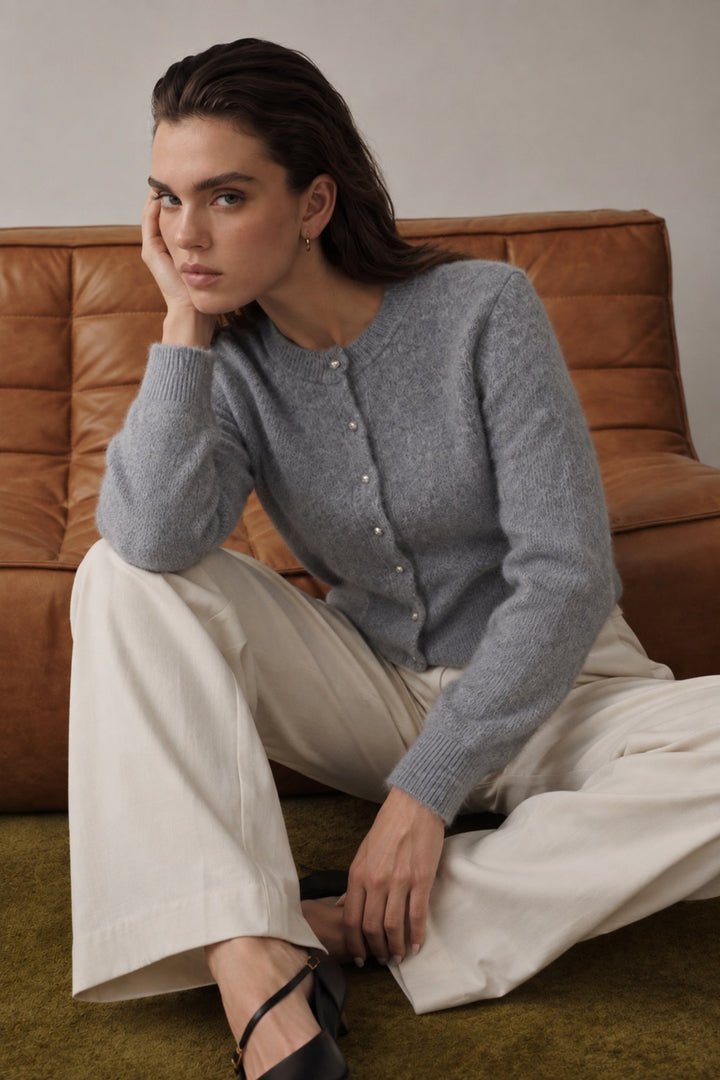 Button Detail Grey Textured Knit Cardigan
