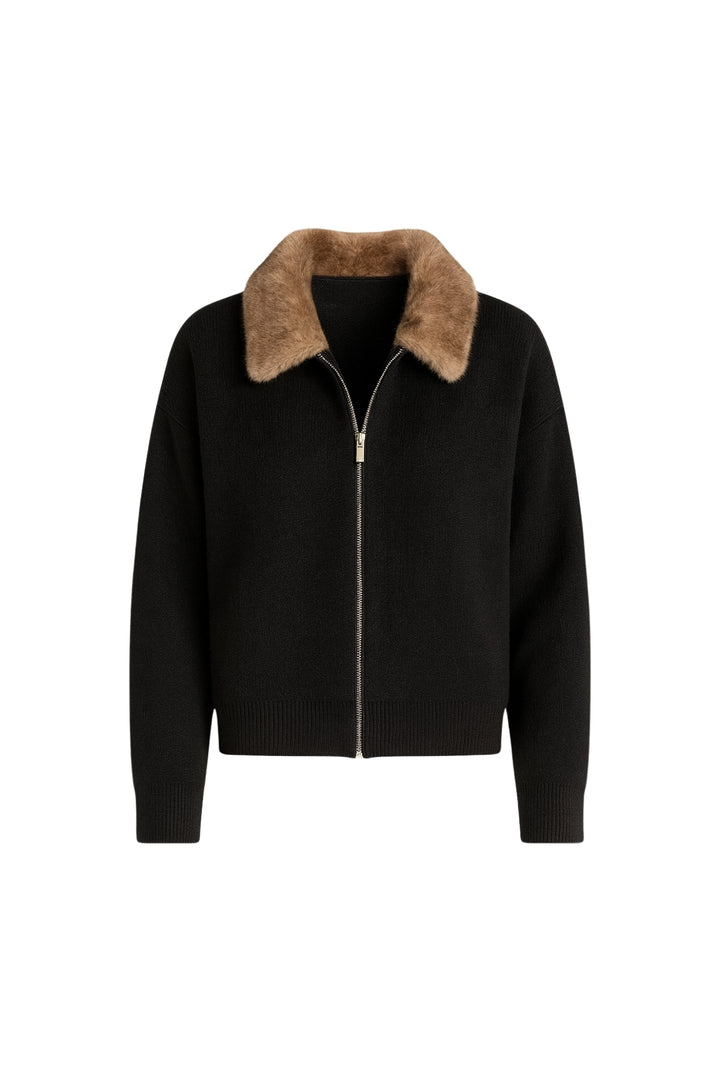 Yaka Kürk Detay Fermuarlı Siyah Triko Kazak