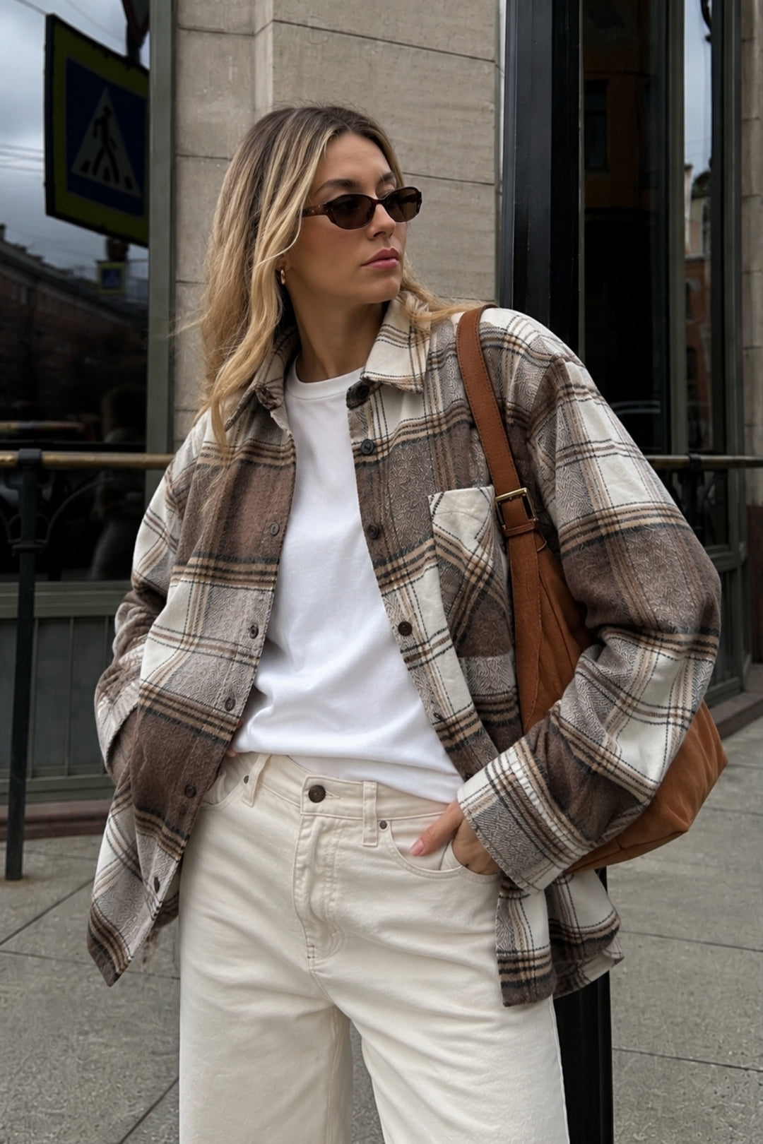 Basic Oversize Bej Ekose Gömlek