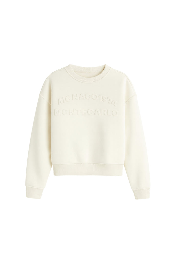 Bisiklet Yaka Kabartma Baskılı Ekru Sweatshirt