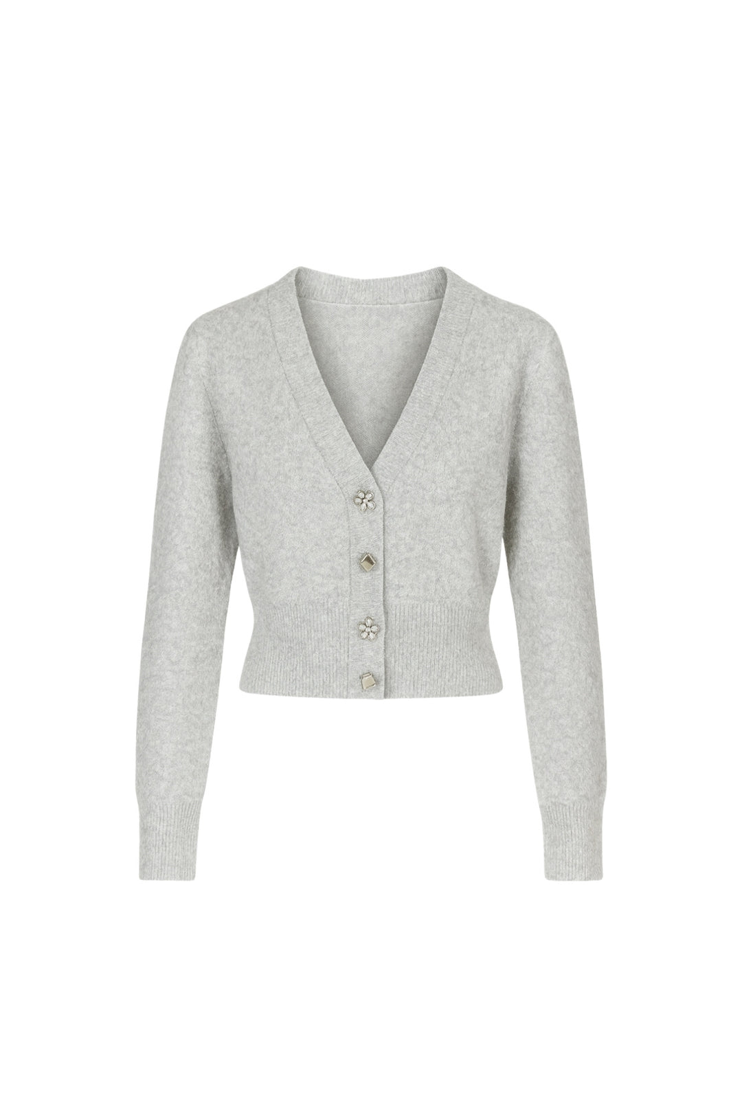 V Yaka Aksesuar Detay Gri Triko Hırka