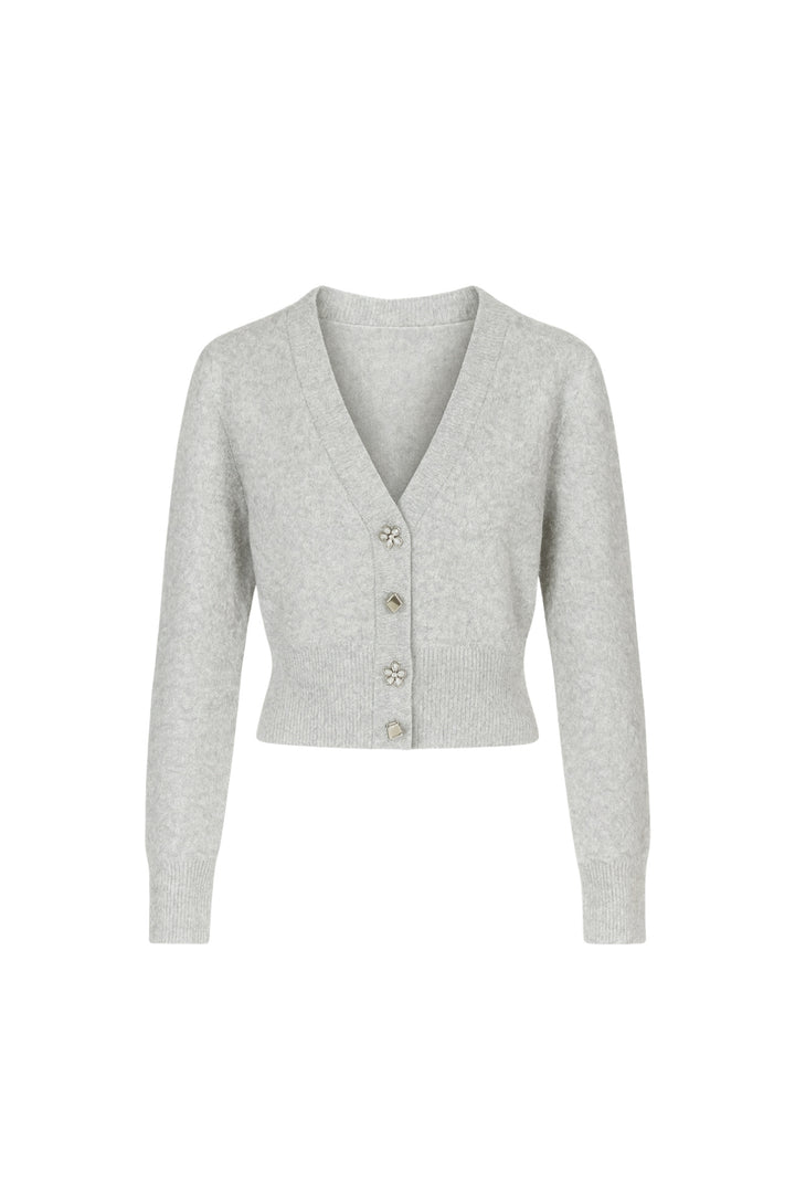 V Yaka Aksesuar Detay Gri Triko Hırka