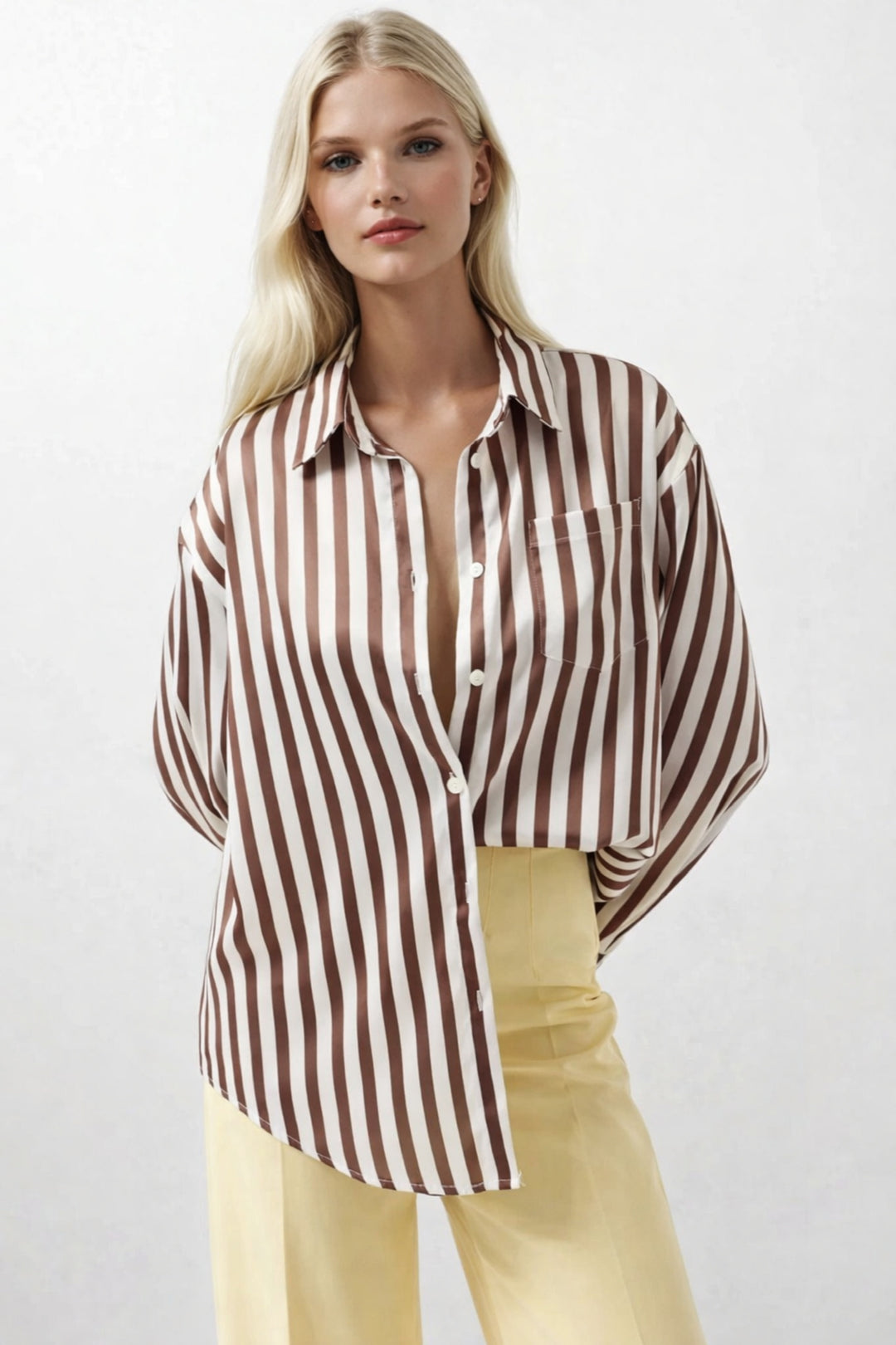 Çizgili Saten Kahverengi Gömlek