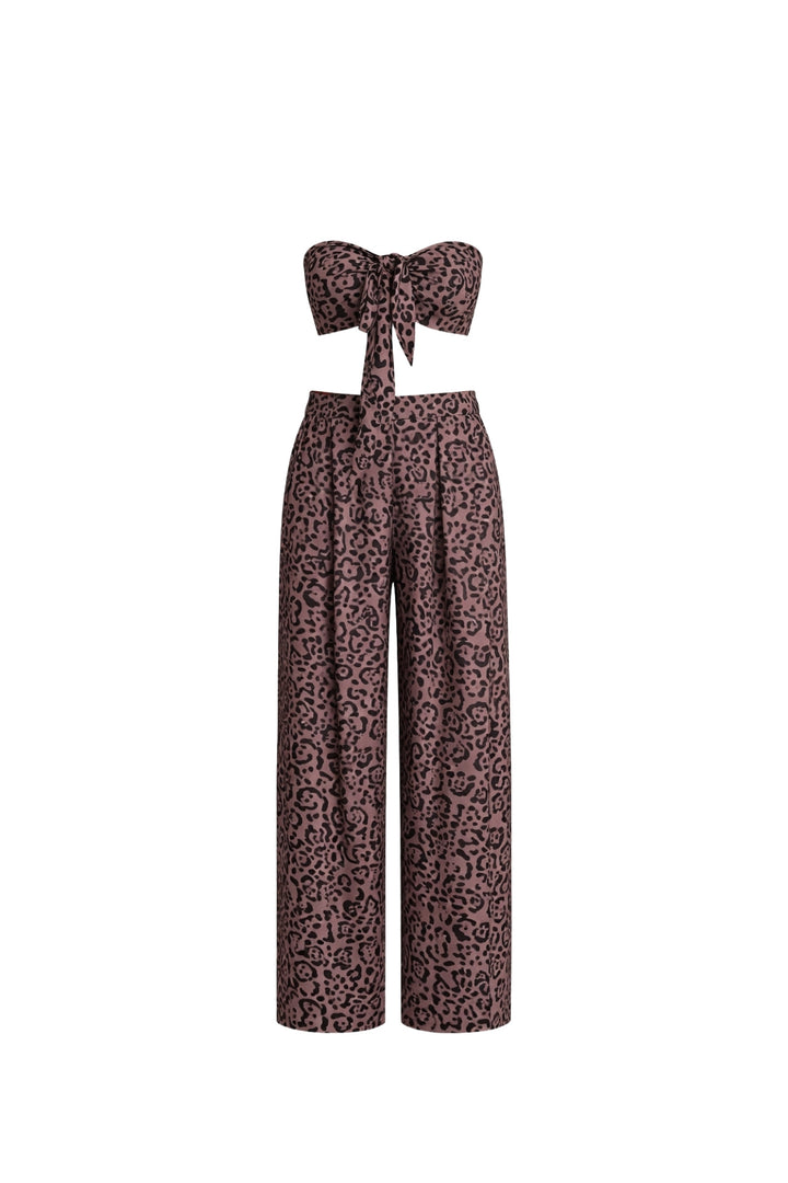 Leopar Desenli Crop Bluz Pantolon İkili Takım