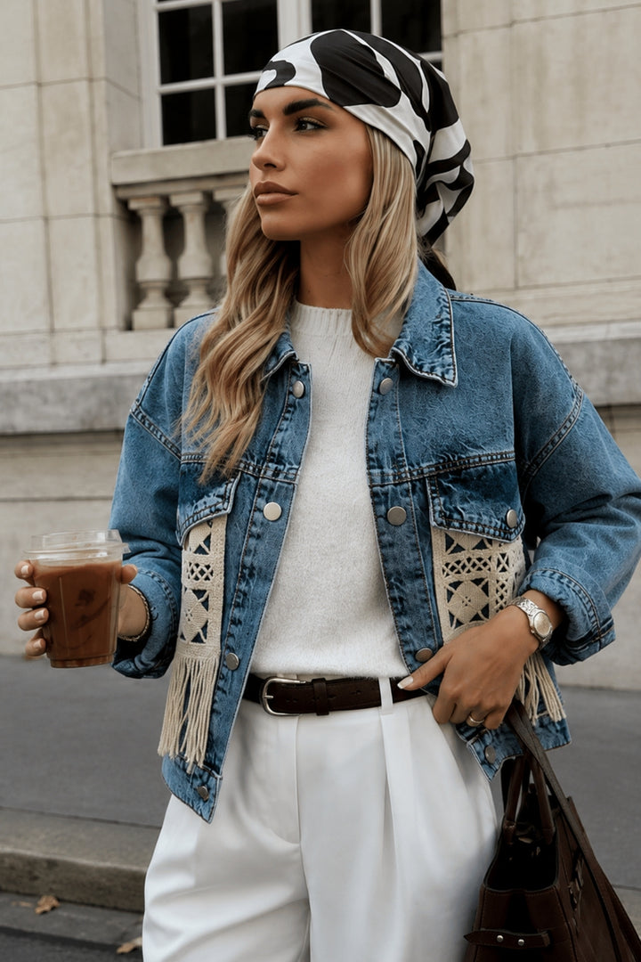 Saçak Detay Basic Açık Mavi Denim Ceket