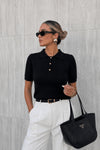 Polo Yaka Gold Düğmeli Siyah Bluz