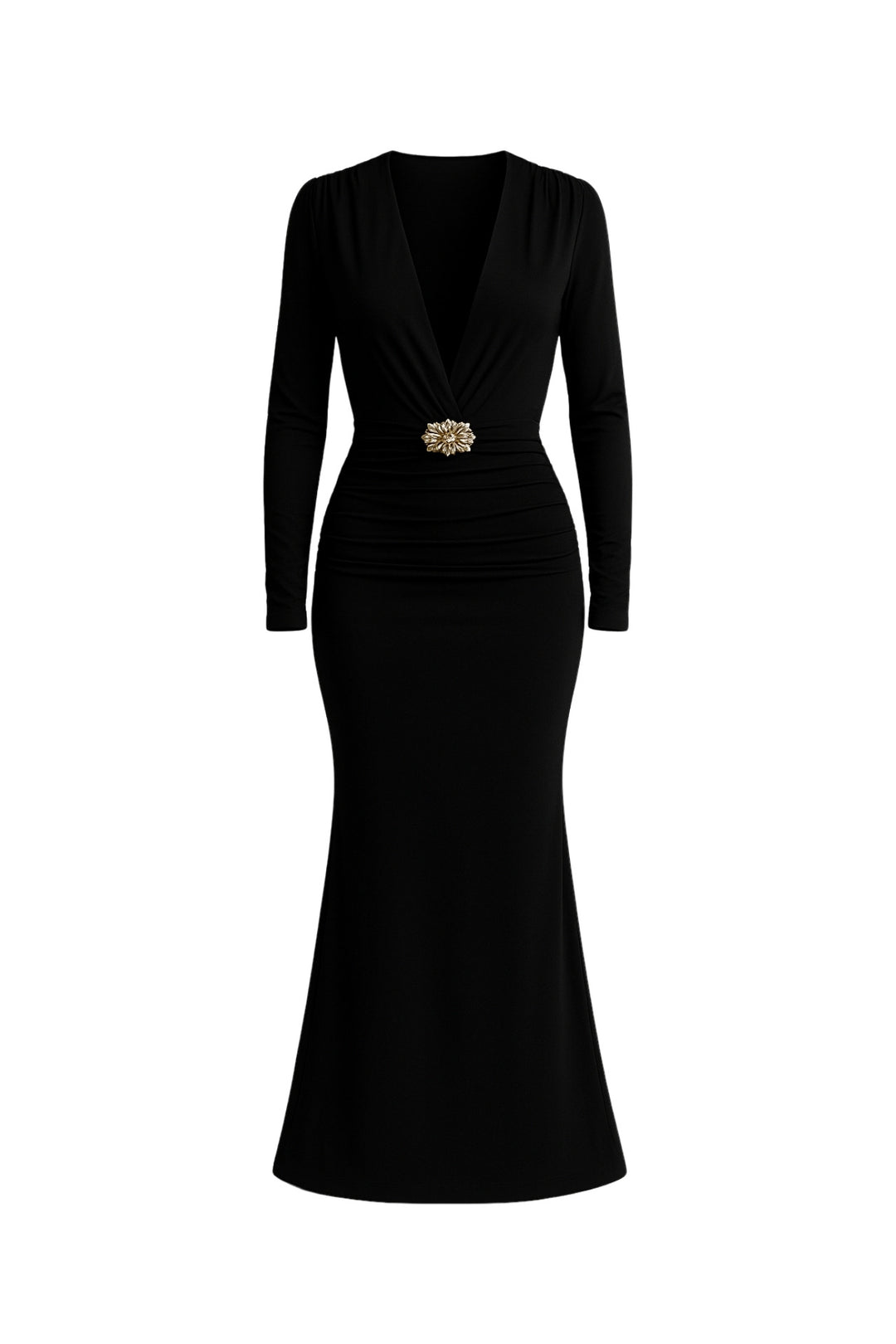Aksesuar Detay Omuz ve Bel Büzgülü Siyah Maxi Elbise