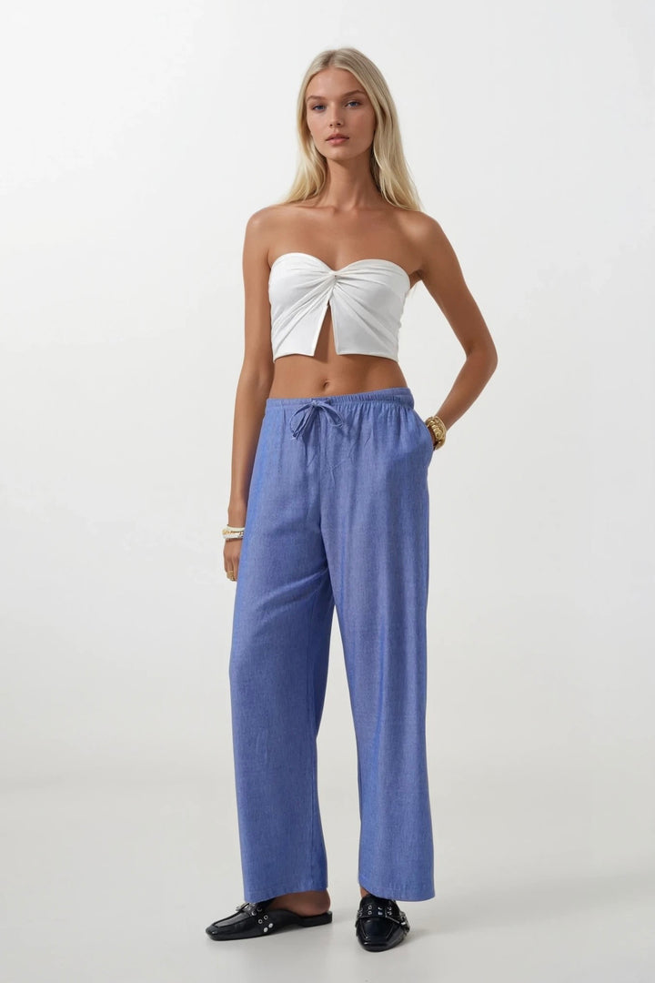 İnce Kemerli Bağcık Detay Koyu Mavi Pantolon
