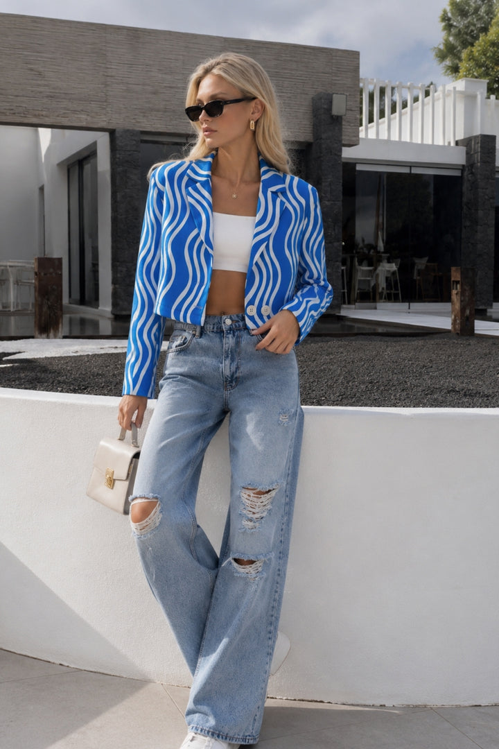 Desenli Mavi Crop Ceket